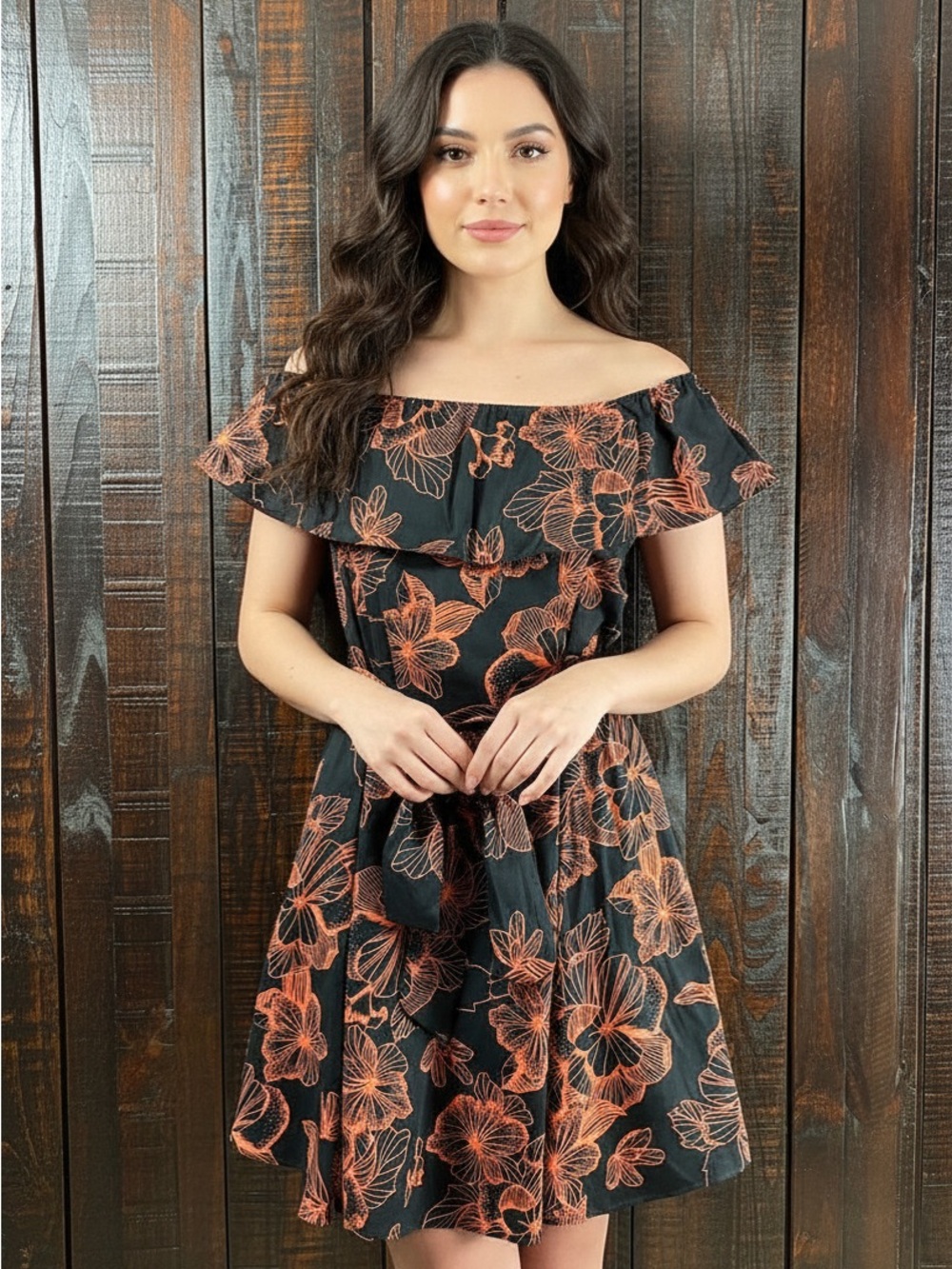 Off the shoulder Cotton Floral Summer Dress, Black/Orange NWT 16